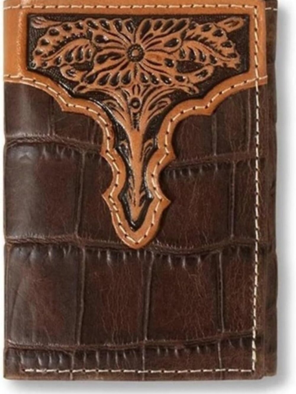 Slim Crocodile Embossed Men's Trifold Wallet - Stylish Western Design, Brown